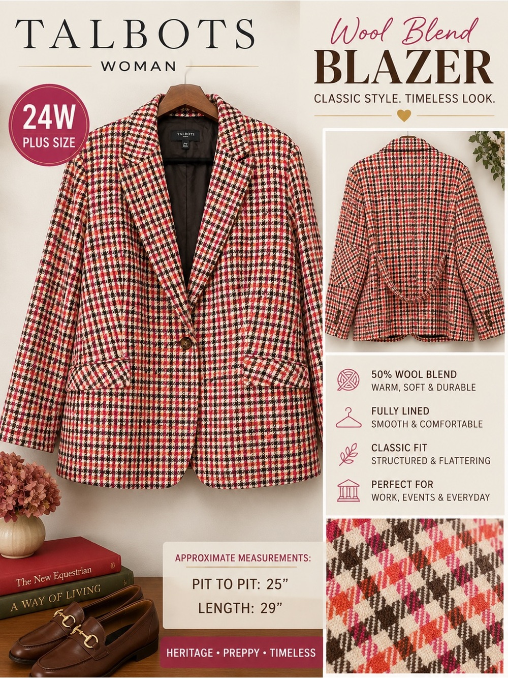 Talbots Woman 24W Wool Blend Houndstooth Plaid Blazer Pink Orange Brown